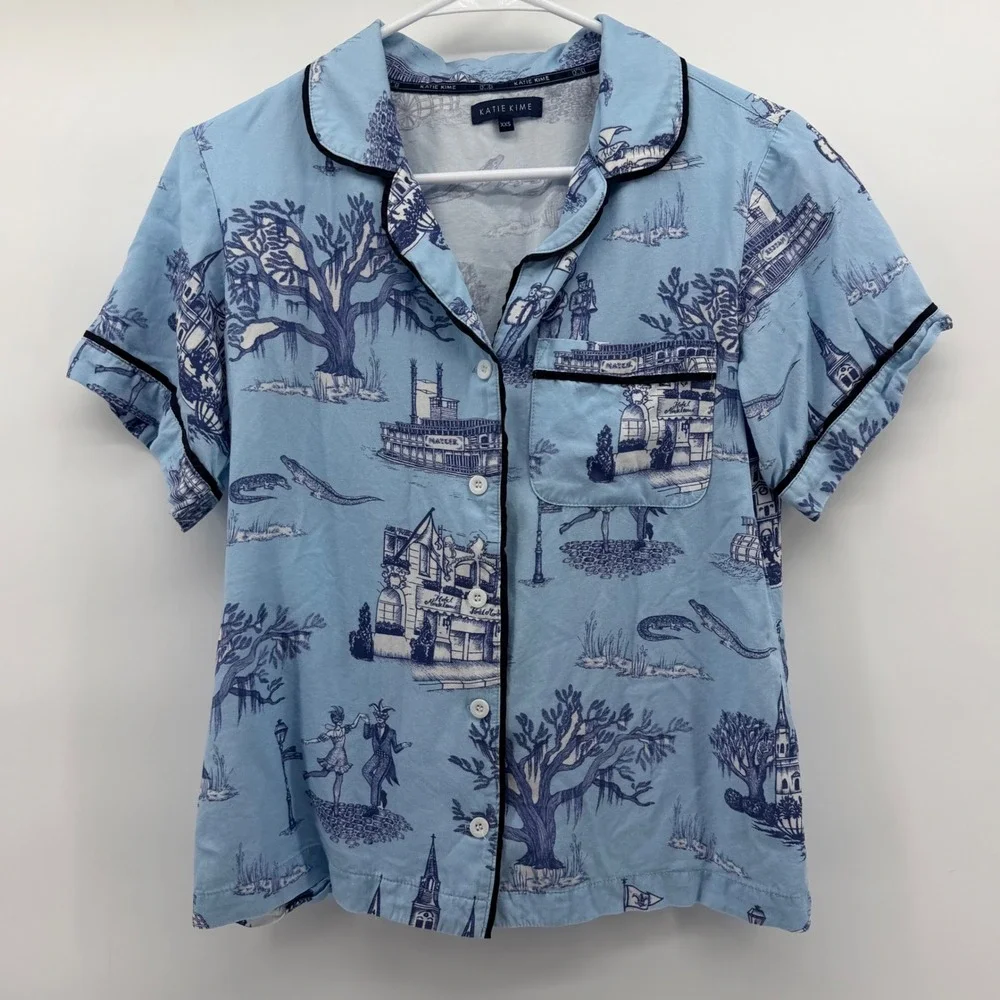Katie Kime Pajama Set Women XXS Blue New Orleans Toile Short Sleeve Cotton Modal
